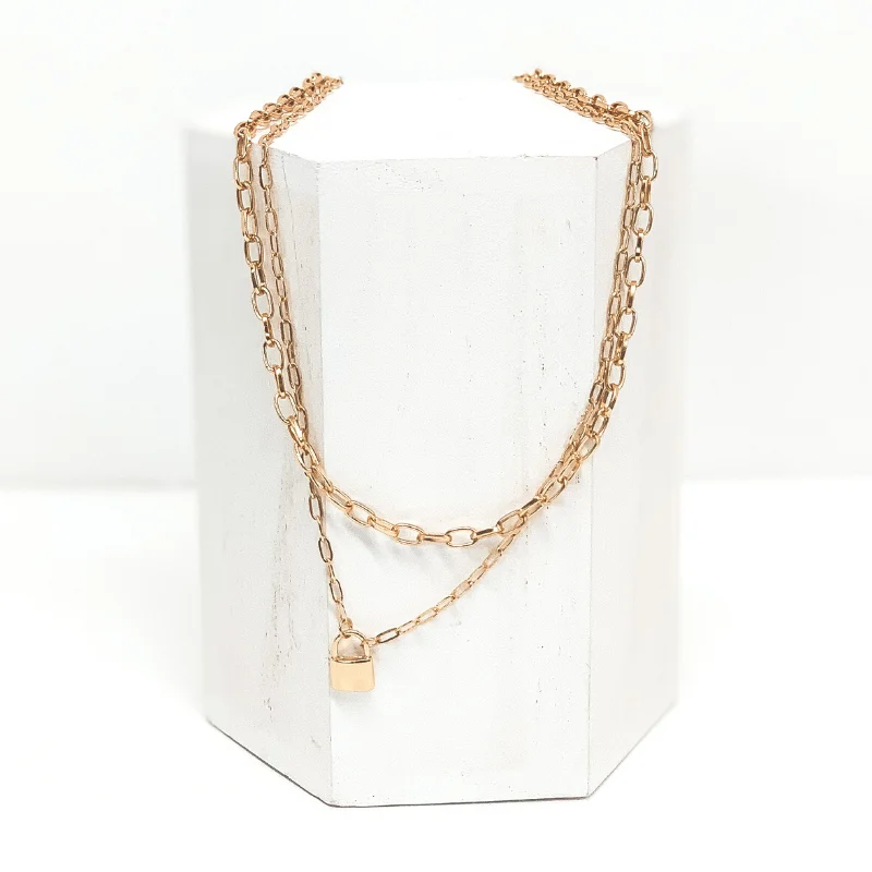 Two Strand Chain Link Necklace with Lock Charm in Gold