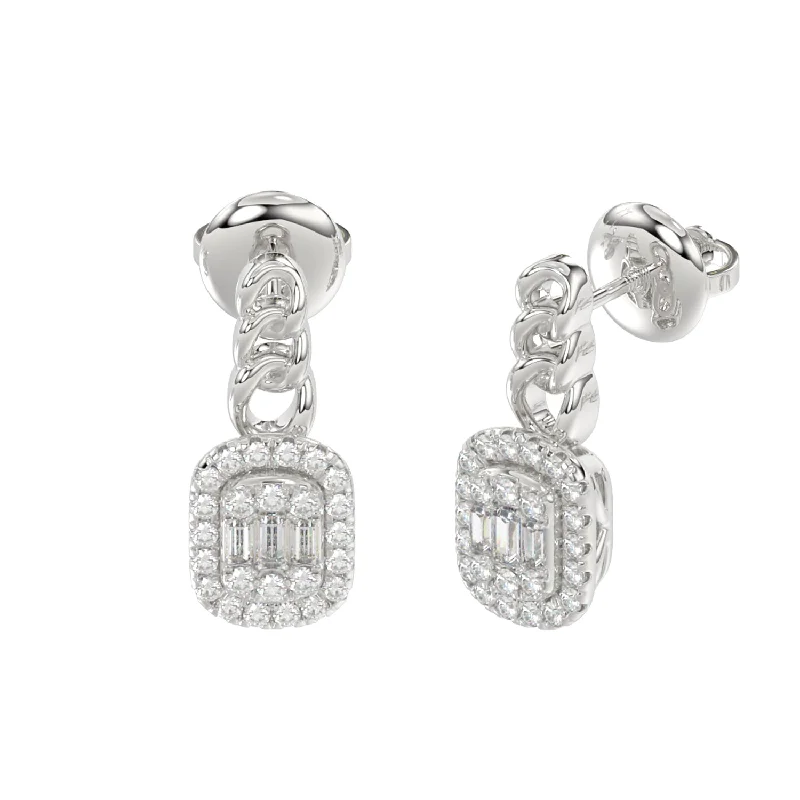 Textured Gold Earrings-LADIES EARRINGS 0.33CT ROUND/BAGUETTE DIAMOND 14K WHITE GOLD