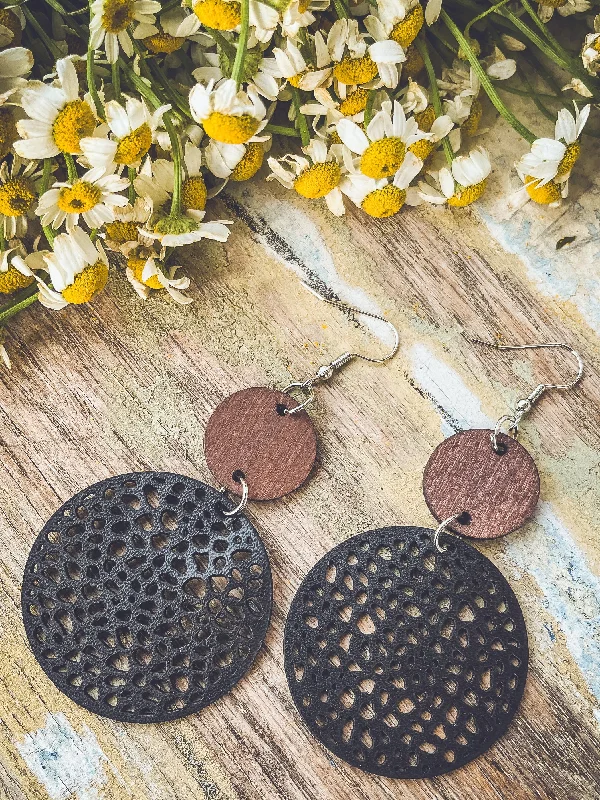 Silver Teardrop Earrings-Beautiful Black Leather and Wood Earrings