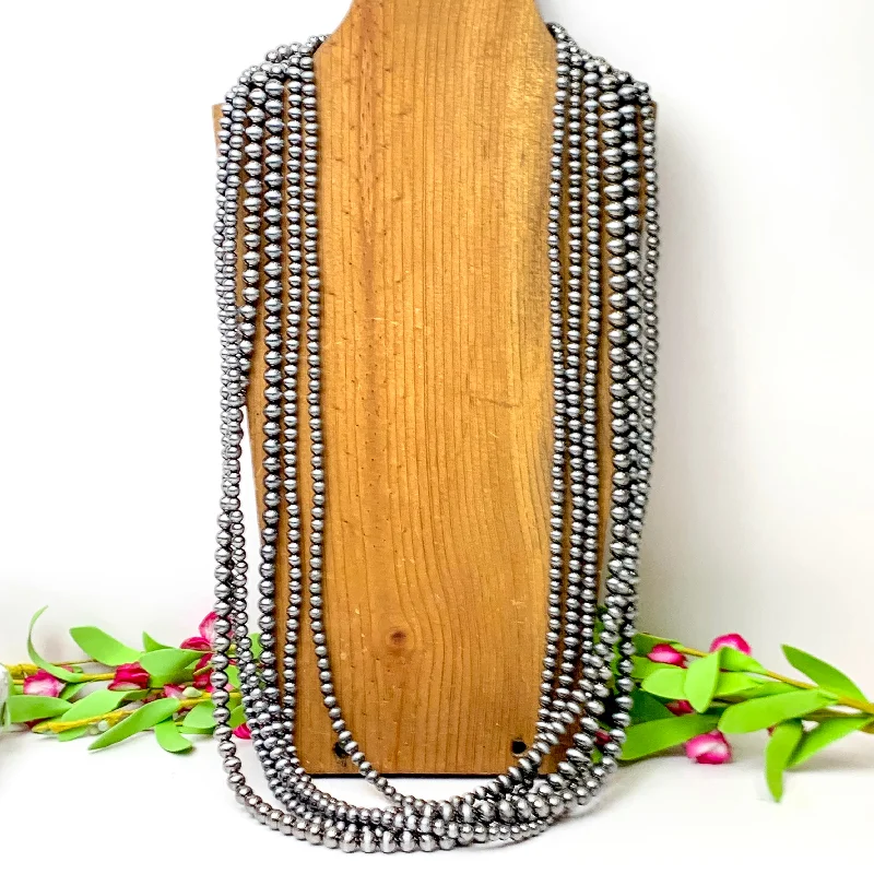 Six Strand Long Faux Navajo Pearl Necklace in Silver Tone