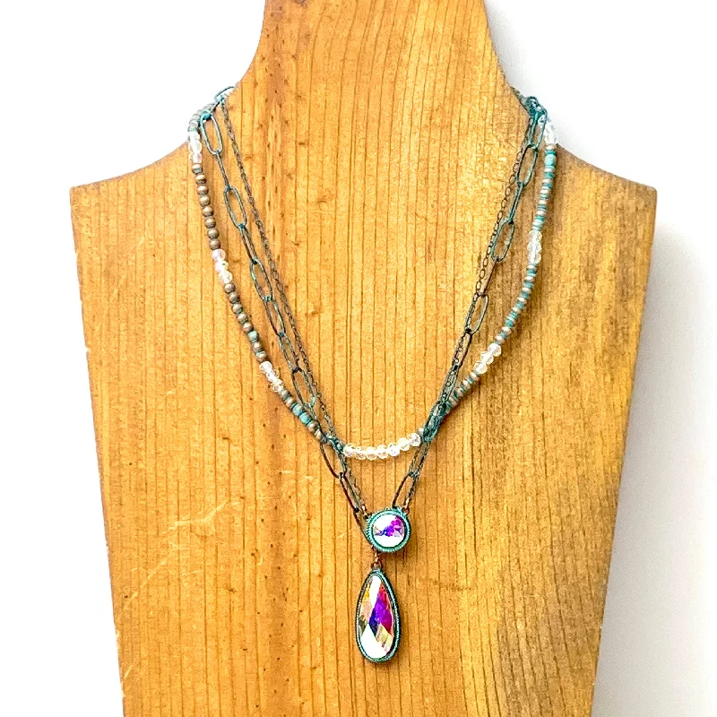 Three Row Faux Navajo Pearl Chain Necklace with AB Stone Pendants in Patina Tone