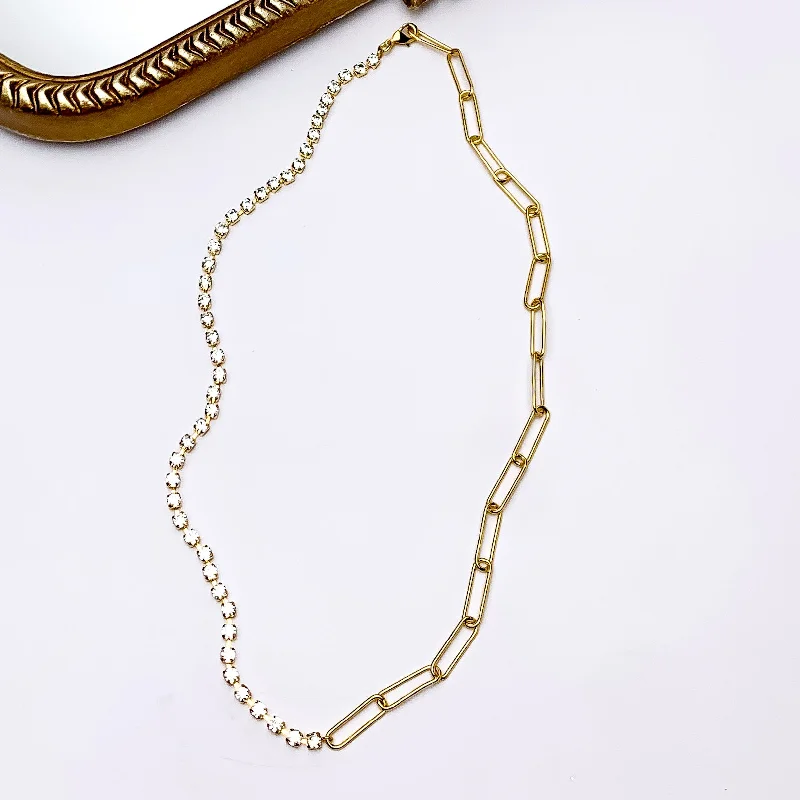 Gold Dipped Necklace Split With Clear Crystals and Chain