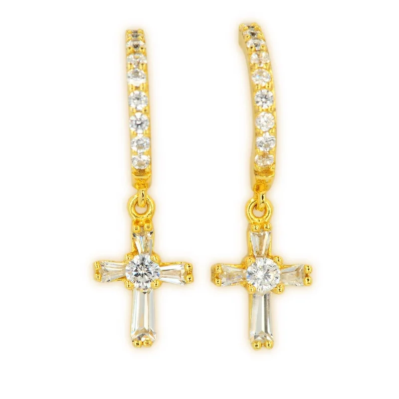 Vintage Style Earrings-SILVER AND CZ CROSS EARRINGS