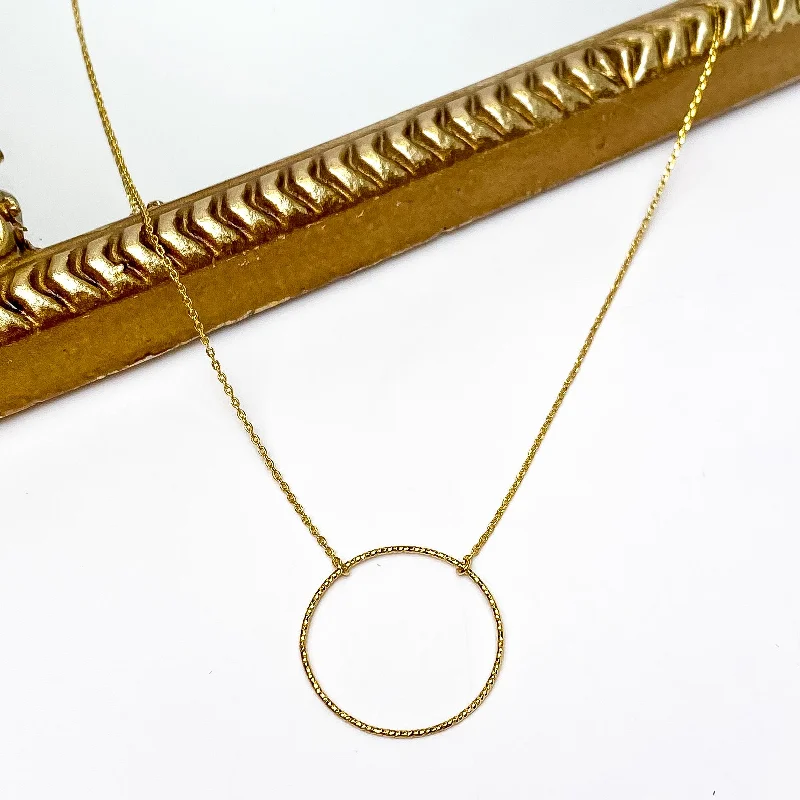 Dainty Gold Tone Necklace with Hammered Open Circle Pendant