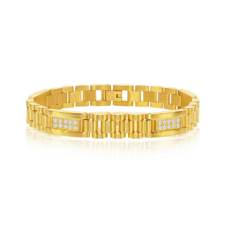 Stainless Steel Gold Plated Link CZ Bracelet, 8.5"