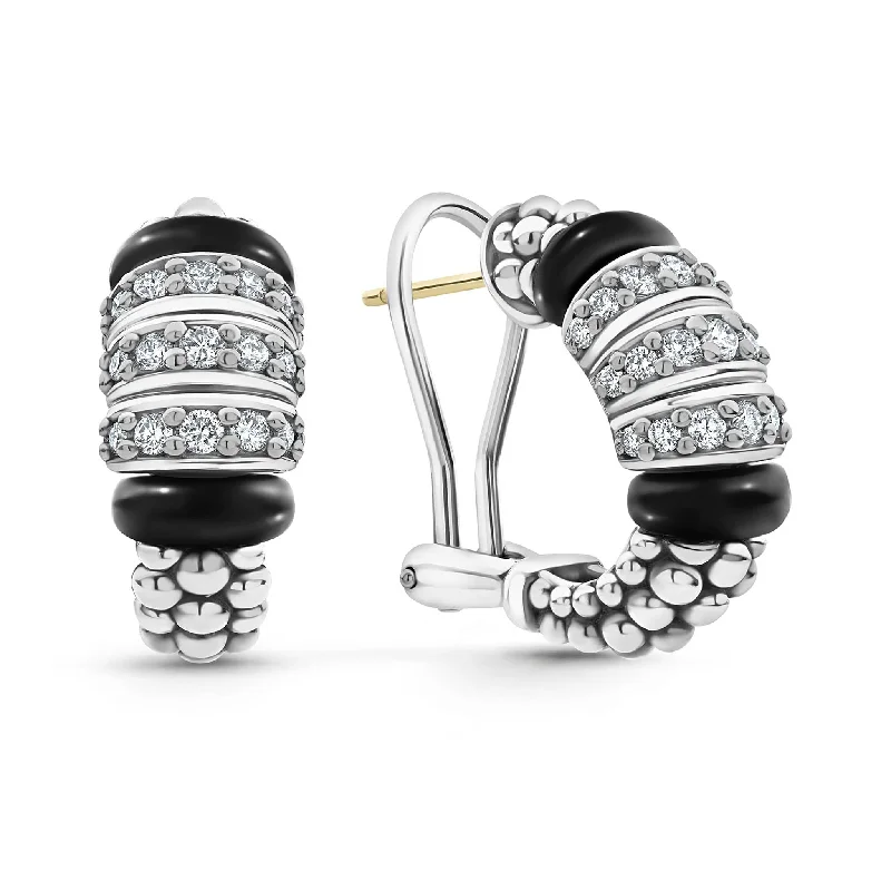 Unique Gemstone Earrings-Black Caviar Three Station Ceramic Diamond Hoop Earrings