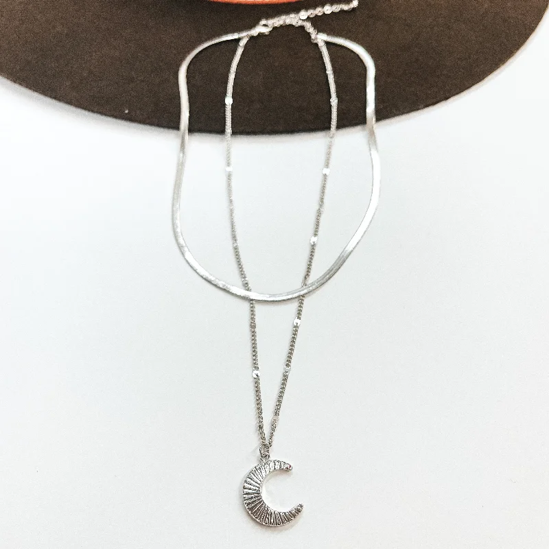 Layered Herringbone Chain Necklace with Moon Pendant in Silver Tone