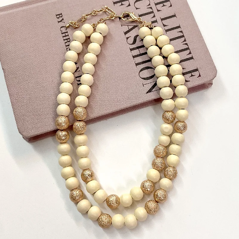 Making Joy Large Beaded Two Strand Necklace with Gold Tone Spacers in Ivory