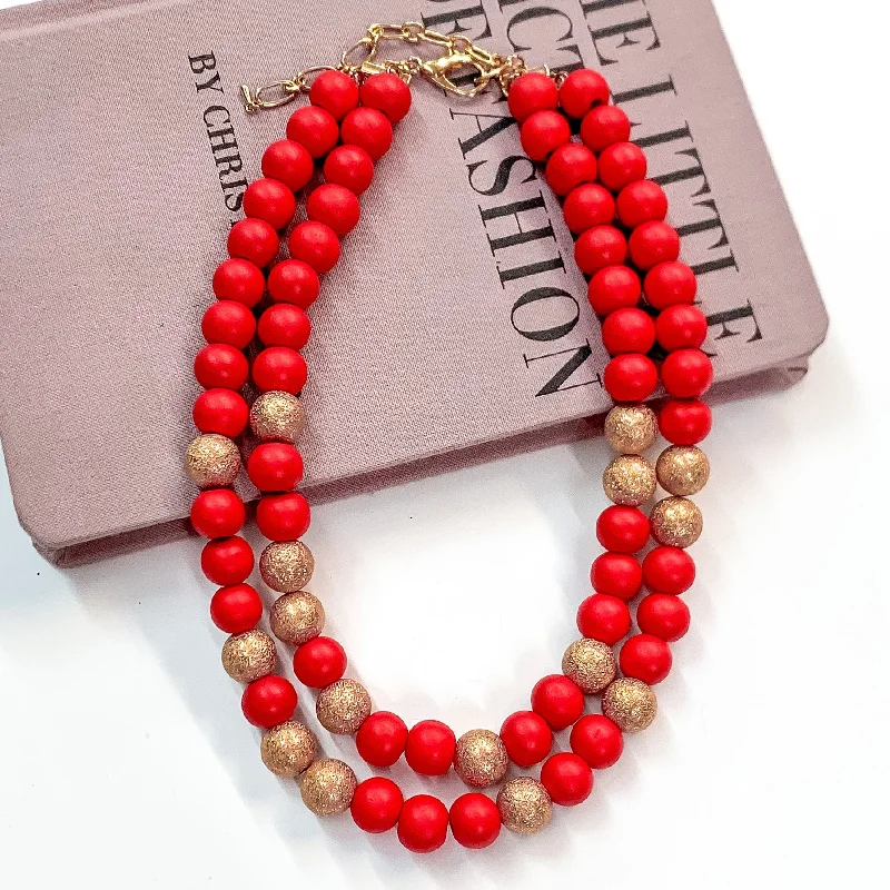 Making Joy Large Beaded Two Strand Necklace with Gold Tone Spacers in Red