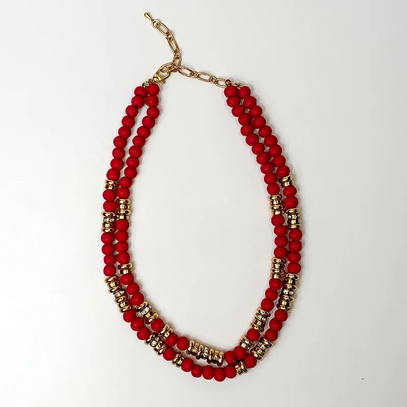 Tropical Tango Layered Beaded Necklace with Gold Tone Spacers in Punch Red