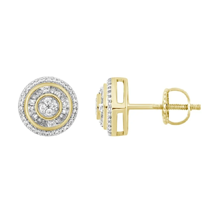 Gemstone Earrings-LADIES STUD EARRINGS 0.33CT ROUND/BAGUETTE DIAMOND 10K YELLOW GOLD