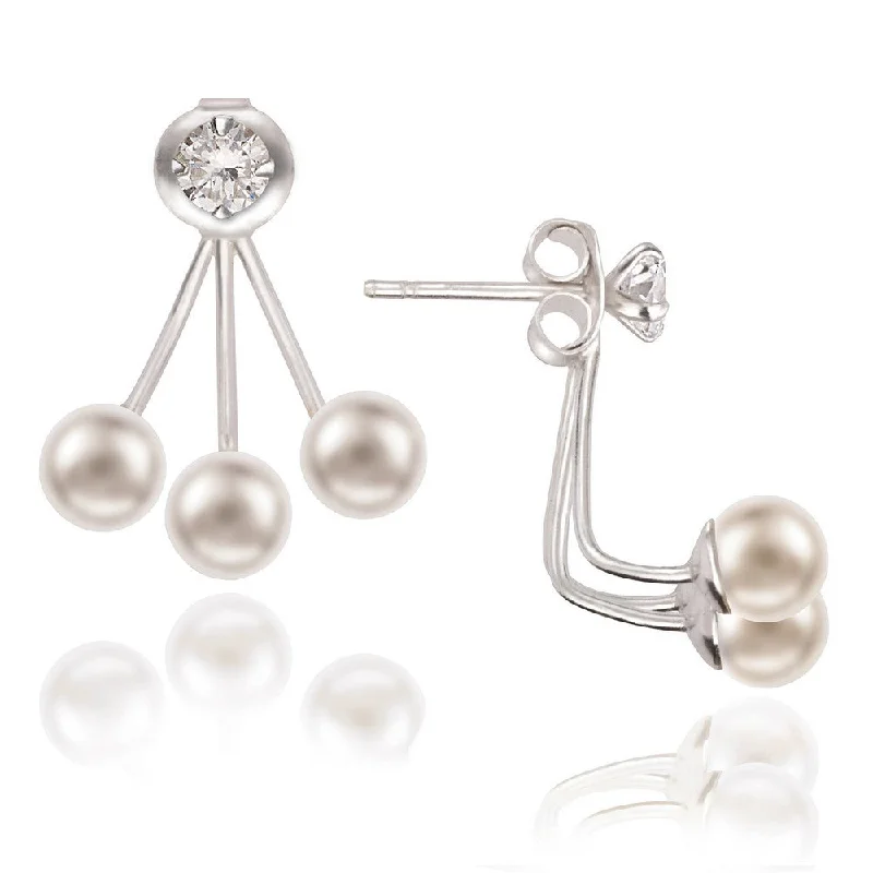 Rhinestone Earrings-Sterling Silver 4mm CZ Front with Triple 5mm Pearl Back Earrings