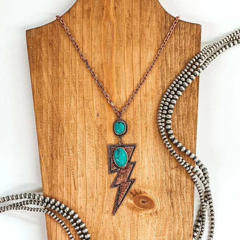 Long Copper Tone Chain Necklace and Lightning Bolt Pendant in Turquoise