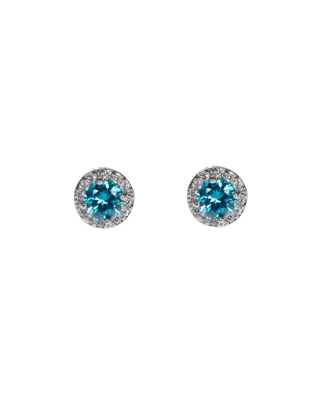 Silver Drop Earrings for Women-Aqua Round CZ W/Pave Halo Stud Earring