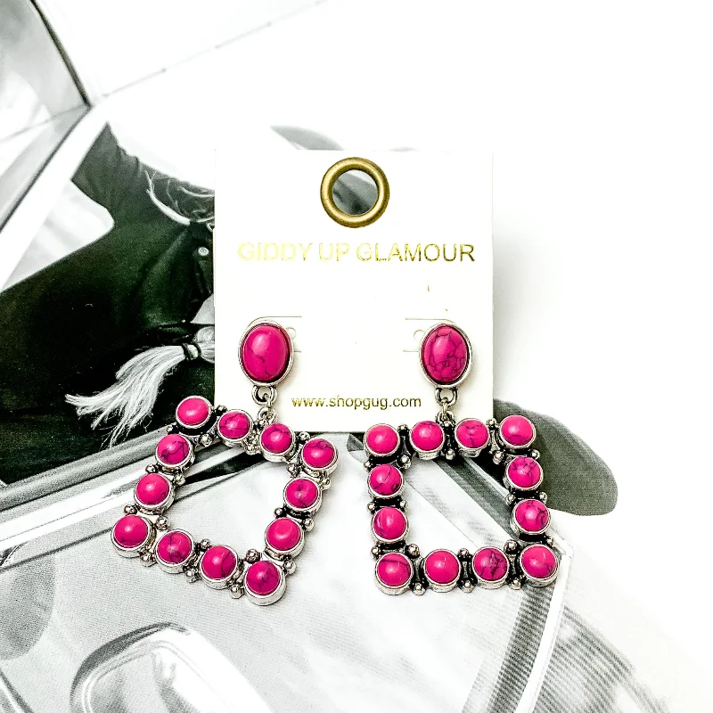 Open Square Drop Earrings with Fuchsia Pink Stones in Silver Tone