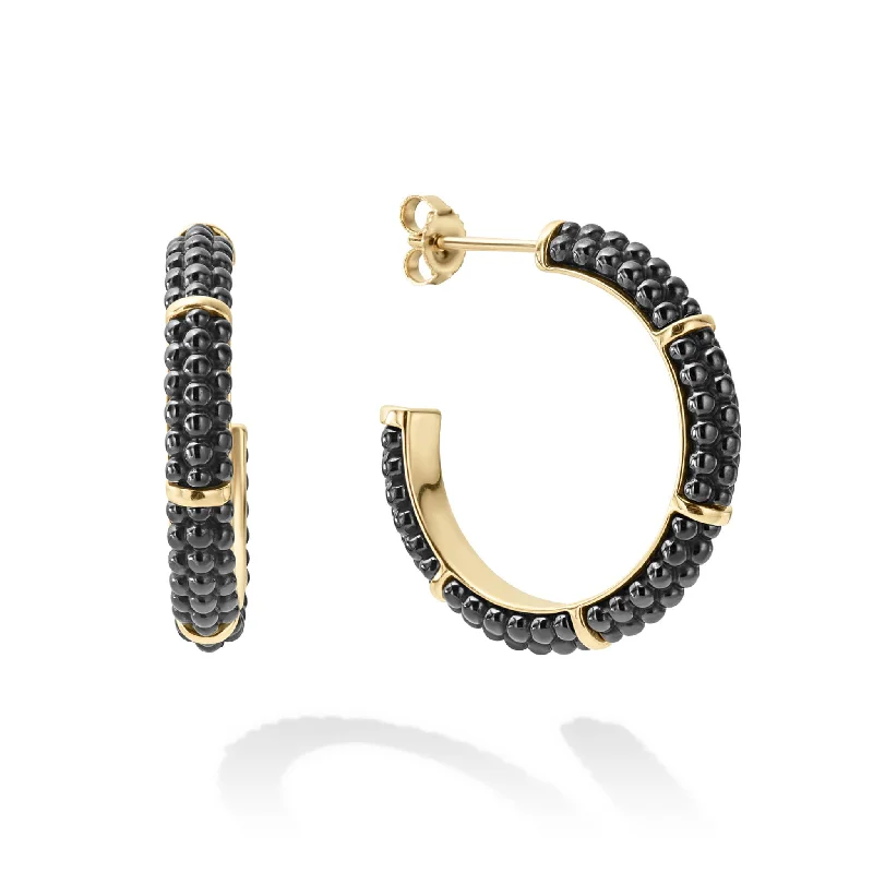 Embellished Drop Earrings-Black Caviar 18K Gold Station Ceramic Beaded Hoop Earrings