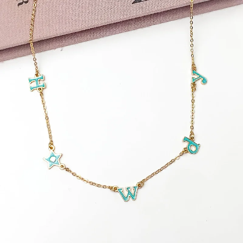 Howdy Gold Tone Chain Necklace in Turquoise Blue