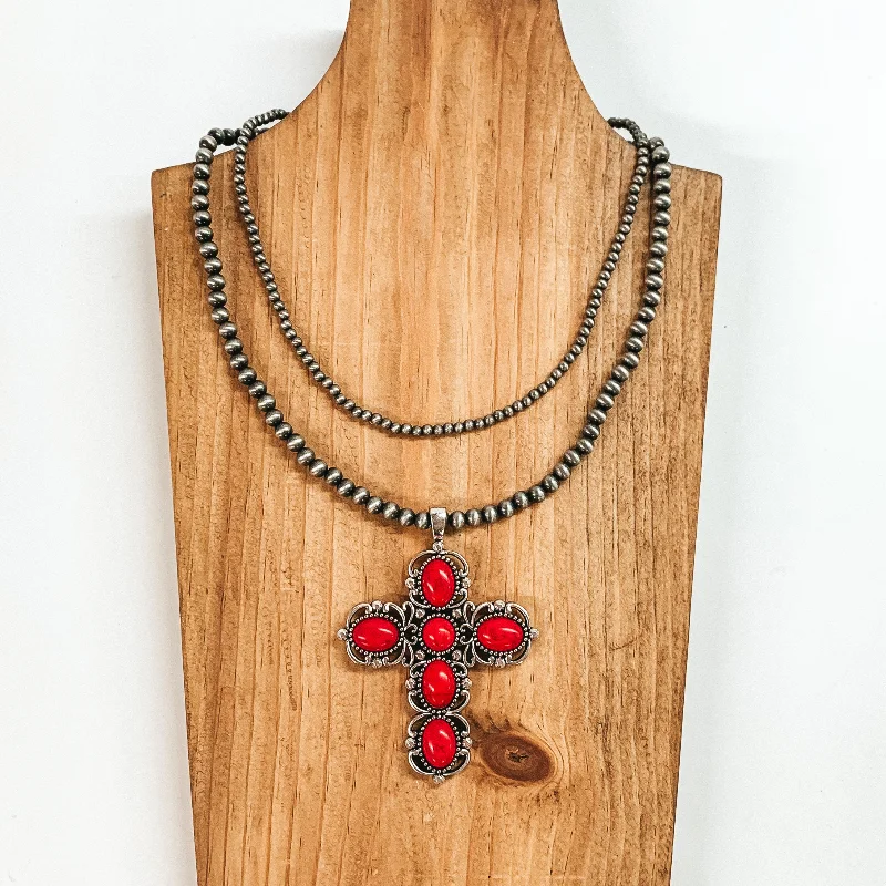 Two Strand Faux Navajo Pearl Necklace with Cross Pendant in Red