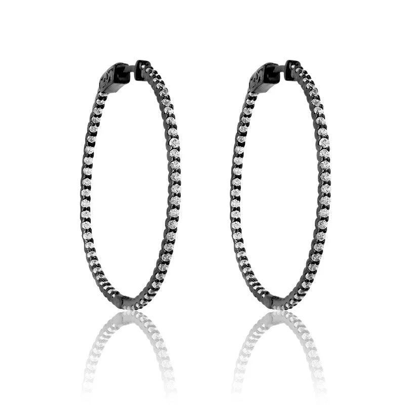 Birthday Gift Earrings-Sterling Silver Black Plated Inside Outside CZ Large Hoop Earrings