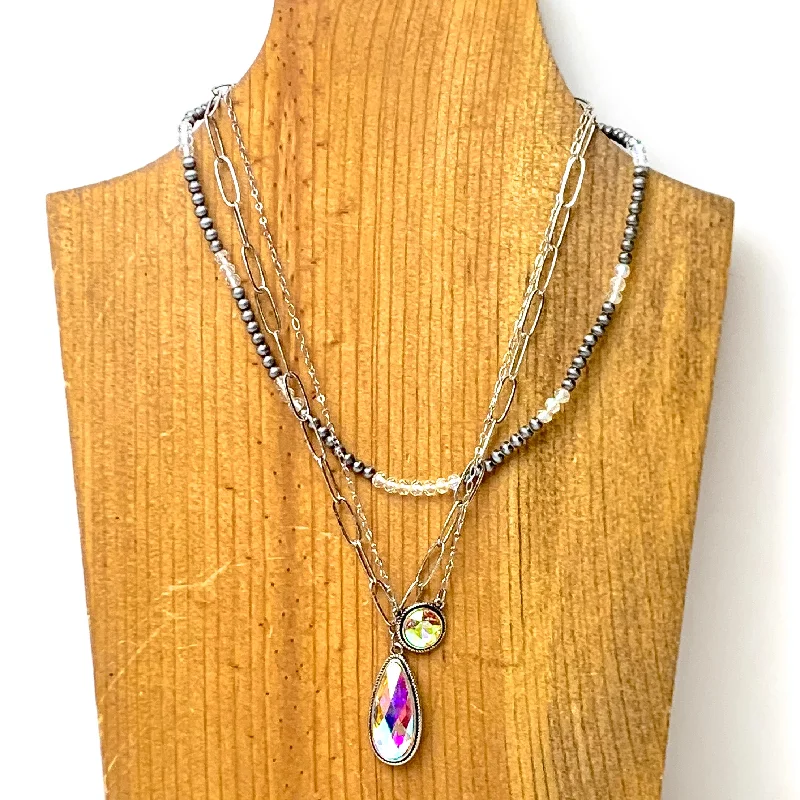 Three Row Faux Navajo Pearl Chain Necklace with AB Stone Pendants in Silver Tone