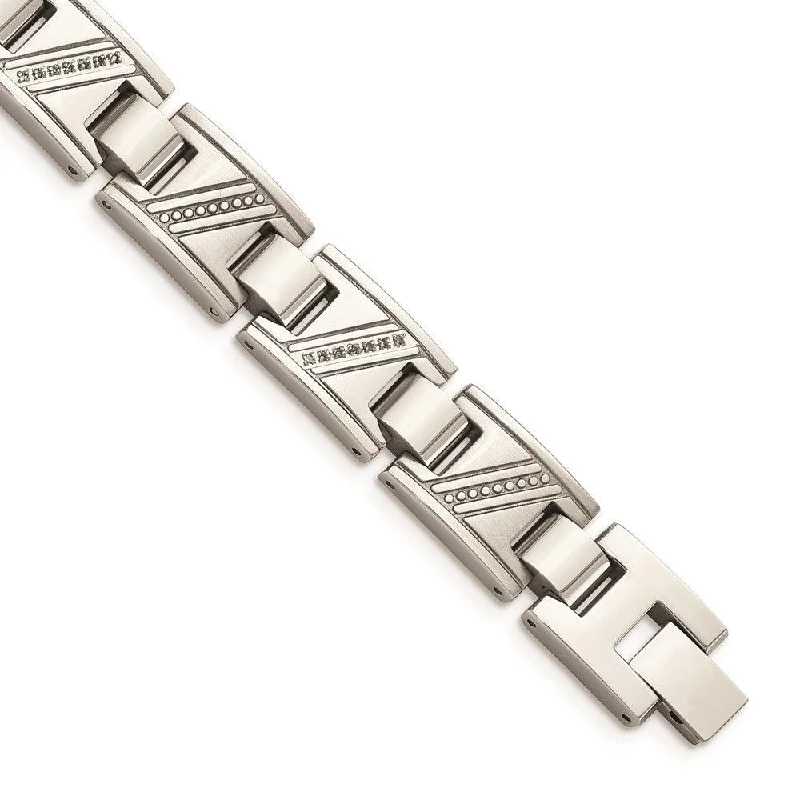 Stainless Steel Polished w/Diamonds 8.5in Bracelet