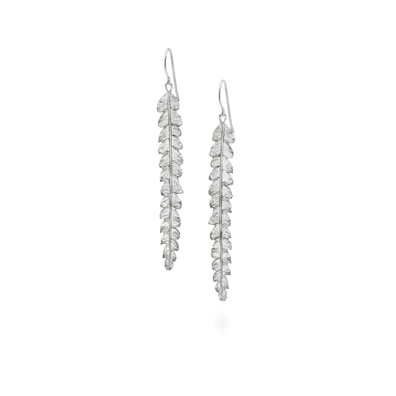 Dangling Gold Earrings-Silver Long Fern Earrings