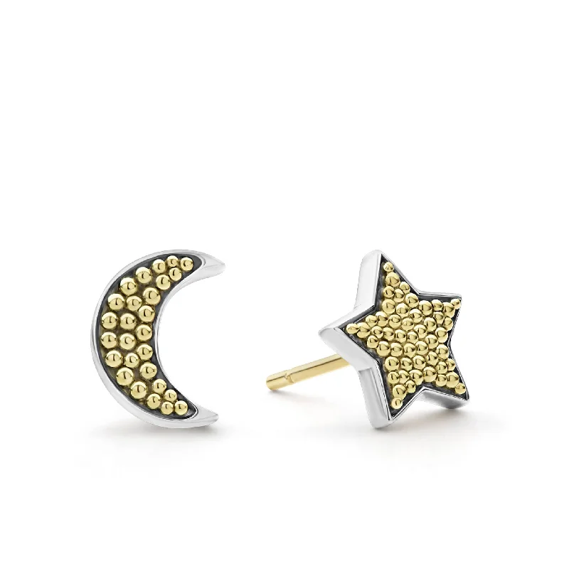 Rose Gold Earrings-Signature Caviar Moon and Star Stud Earrings