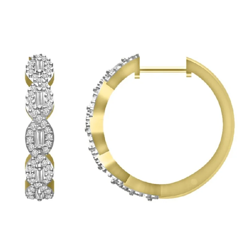 Gemstone Earrings-LADIES HOOP EARRINGS 0.50CT ROUND/BAGUETTE DIAMOND 10K YELLOW GOLD