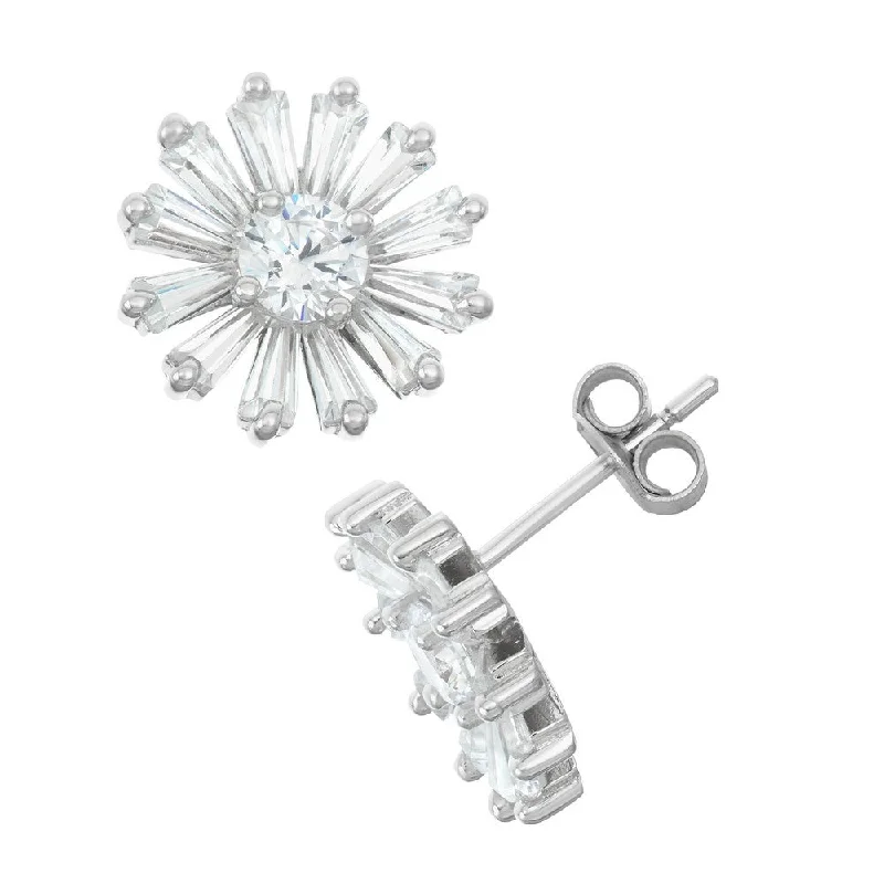 Funky Statement Earrings-Sterling Silver Baguette CZ Daisy Stud Earrings