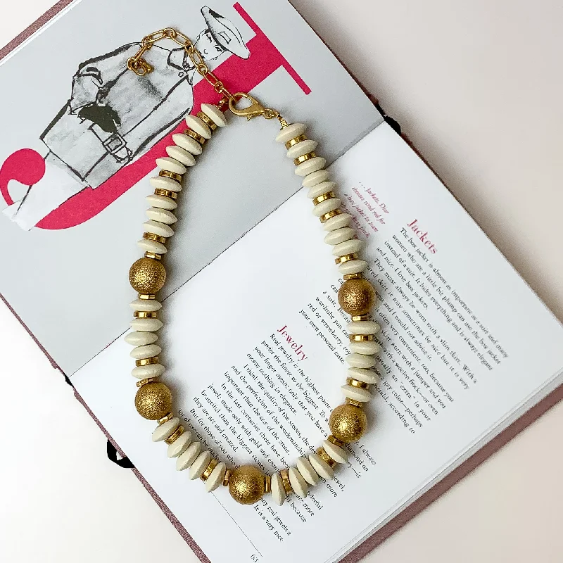 Large Beaded Necklace with Gold Tone Spacers in White