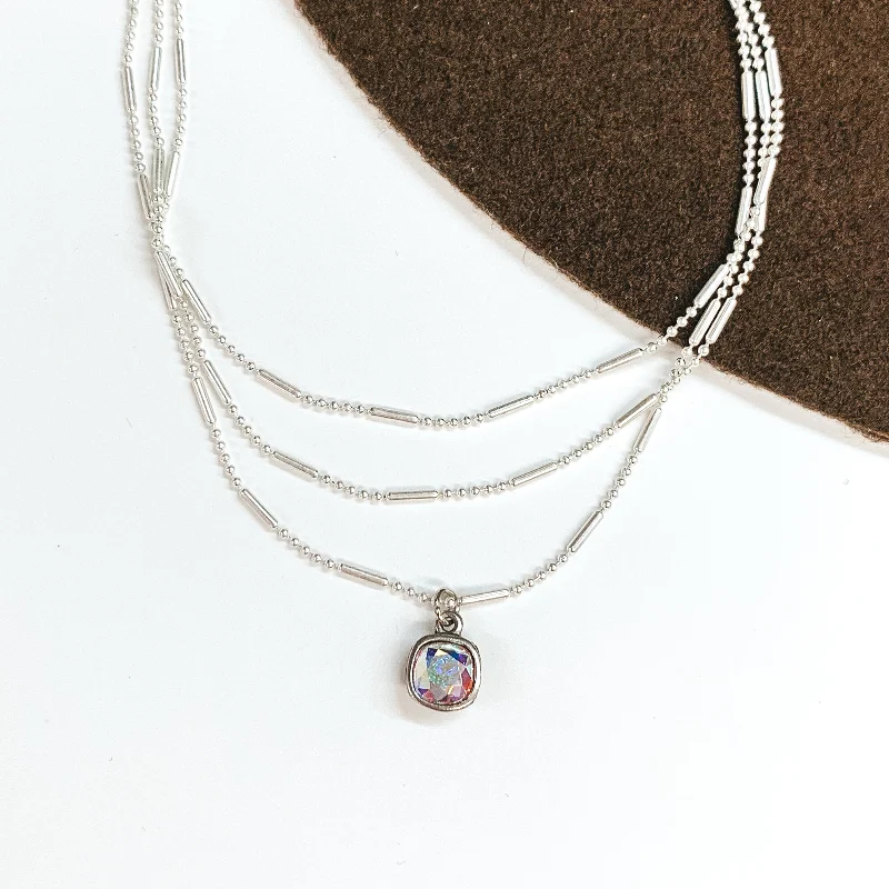 Pink Panache | Three Strand Silver Dot and Bar Chain Necklace with AB Cushion Cut Crystal Drop