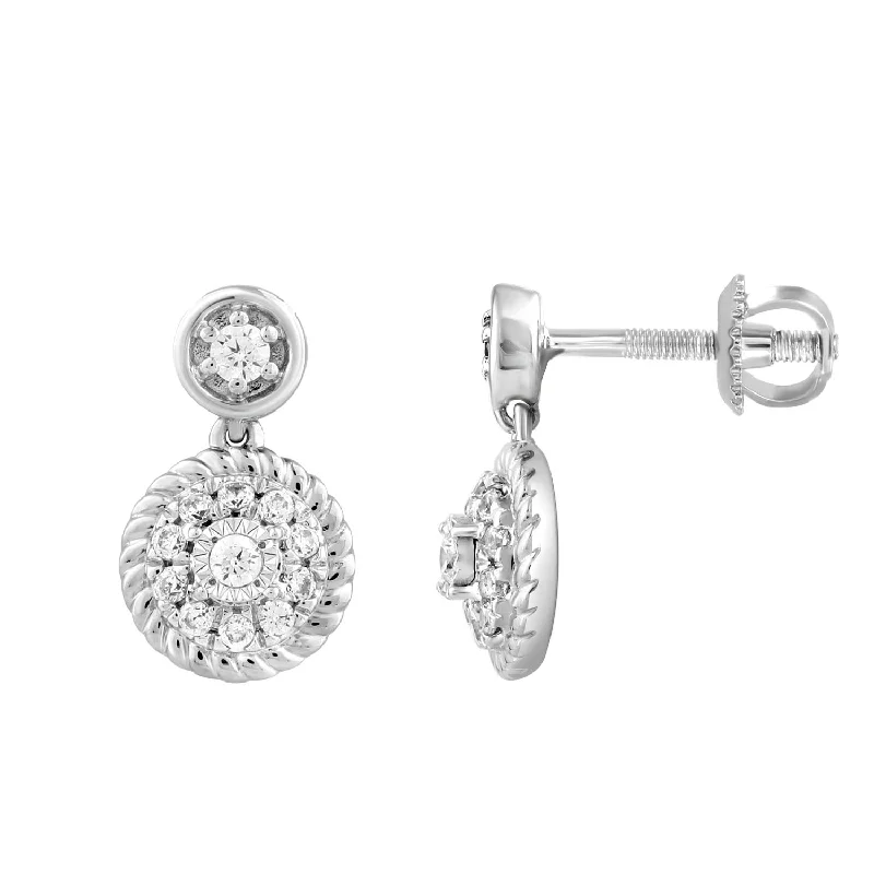 Silver Drop Earrings for Women-LADIES EARRINGS 0.13CT ROUND DIAMOND 14K WHITE GOLD