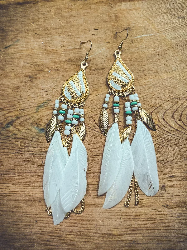 Double Drop Earrings-Beautiful White Boho Feather Earrings