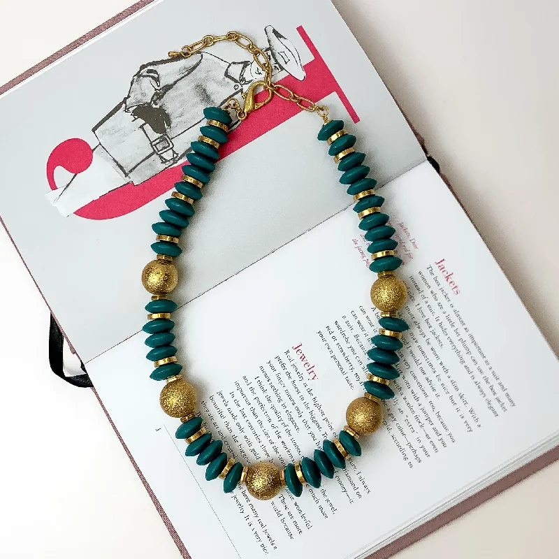 Large Beaded Necklace with Gold Tone Spacers in Teal