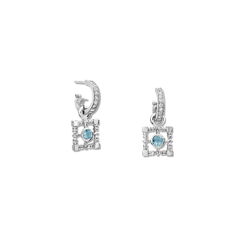 Elegant Chandelier Earrings-Mashrabiya Trellis Square Earring Drops Silver - Blue Topaz