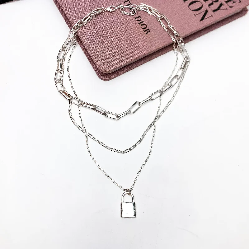 Locked Heart Silver Tone Triple Stand Chain Necklace