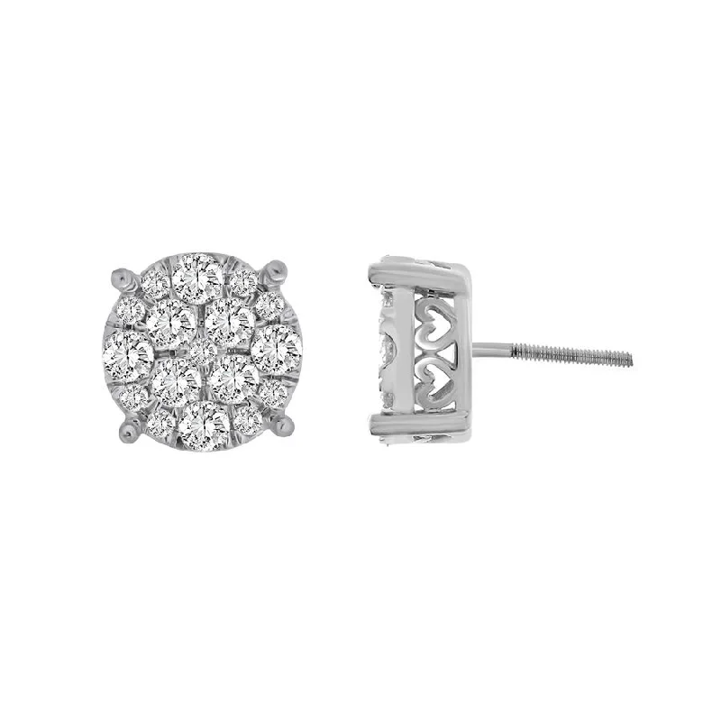 Silver Drop Earrings for Women-LADIES STUD EARRINGS 1.50CT ROUND DIAMOND 10K WHITE GOLD