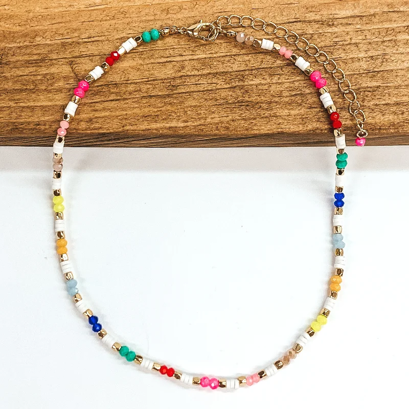 Crystal and Disc Beaded Choker Necklace with Gold Spacers in Neon Mix