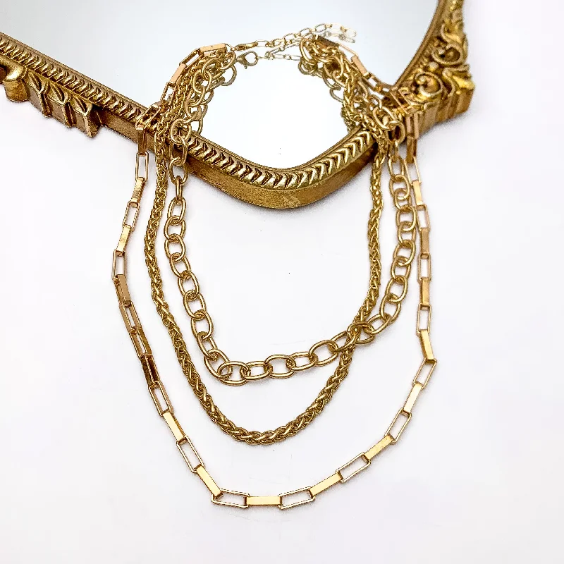 Three Strand Variety Gold Tone Chain Necklace