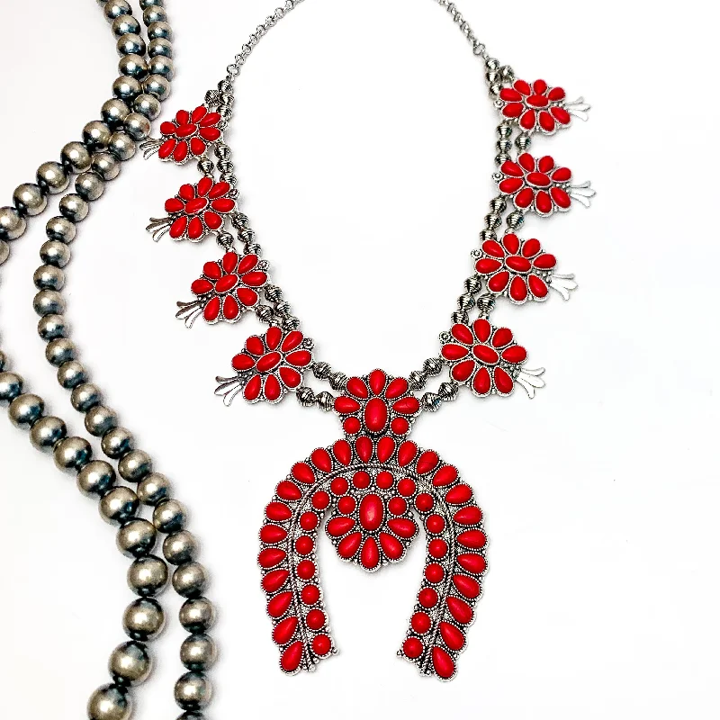 Western Women Squash Blossom Necklace in Red