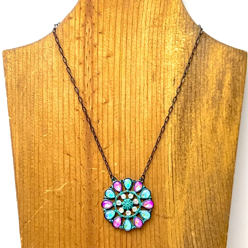 Desert Daisy Patina Tone Flower Concho Necklace in Pink and Turquoise