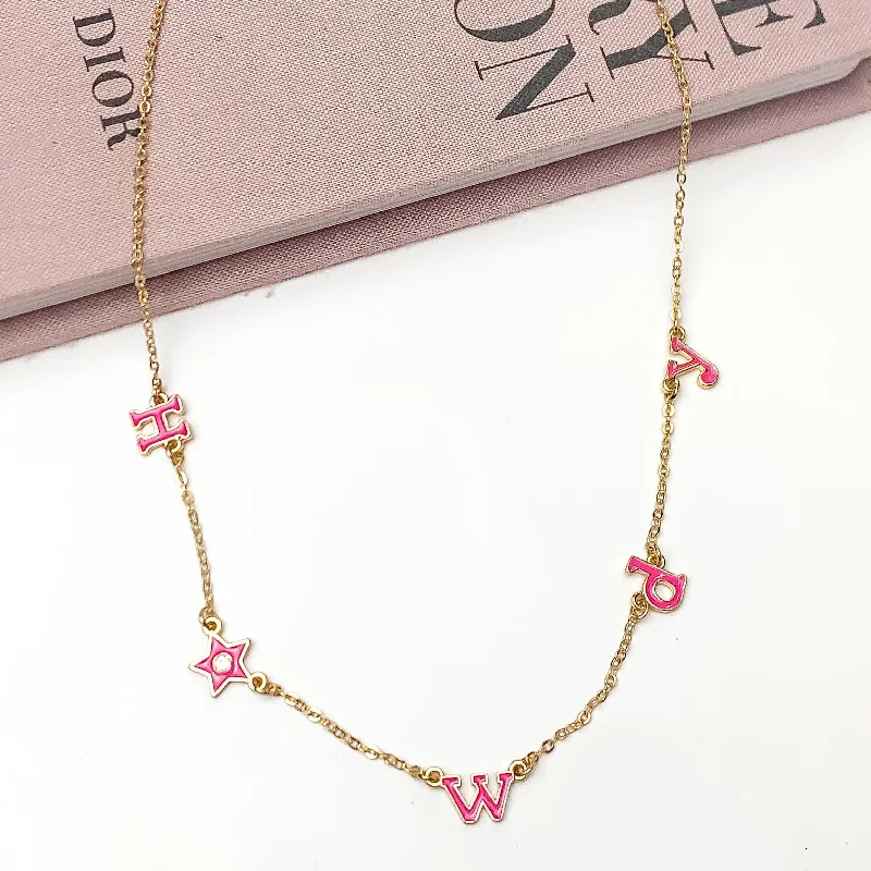 Howdy Gold Tone Chain Necklace in Dark Pink