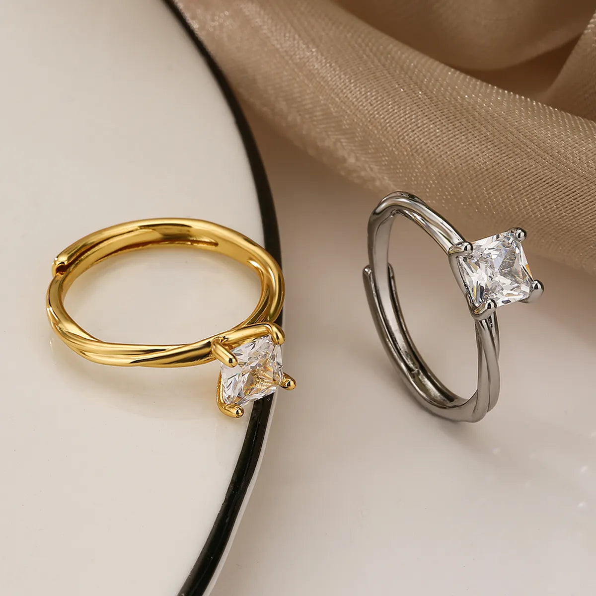 Simple Style Commute Square Copper Plating Inlay Zircon 18k Gold Plated White Gold Plated Open Rings