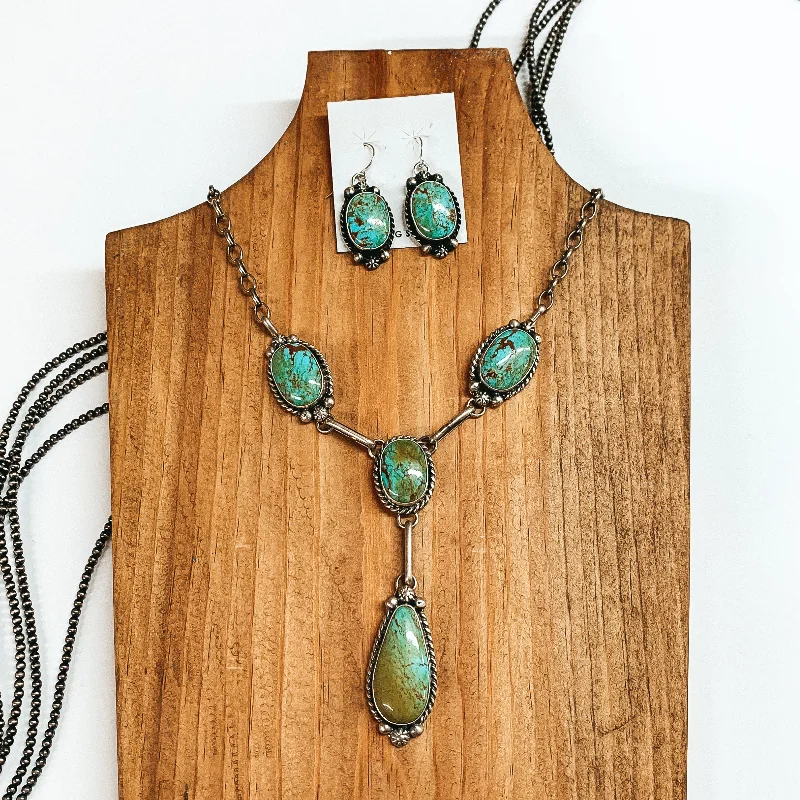 Augustine Largo | Navajo Handmade Sterling Silver & Kingman Turquoise Lariat Necklace + Matching Earrings