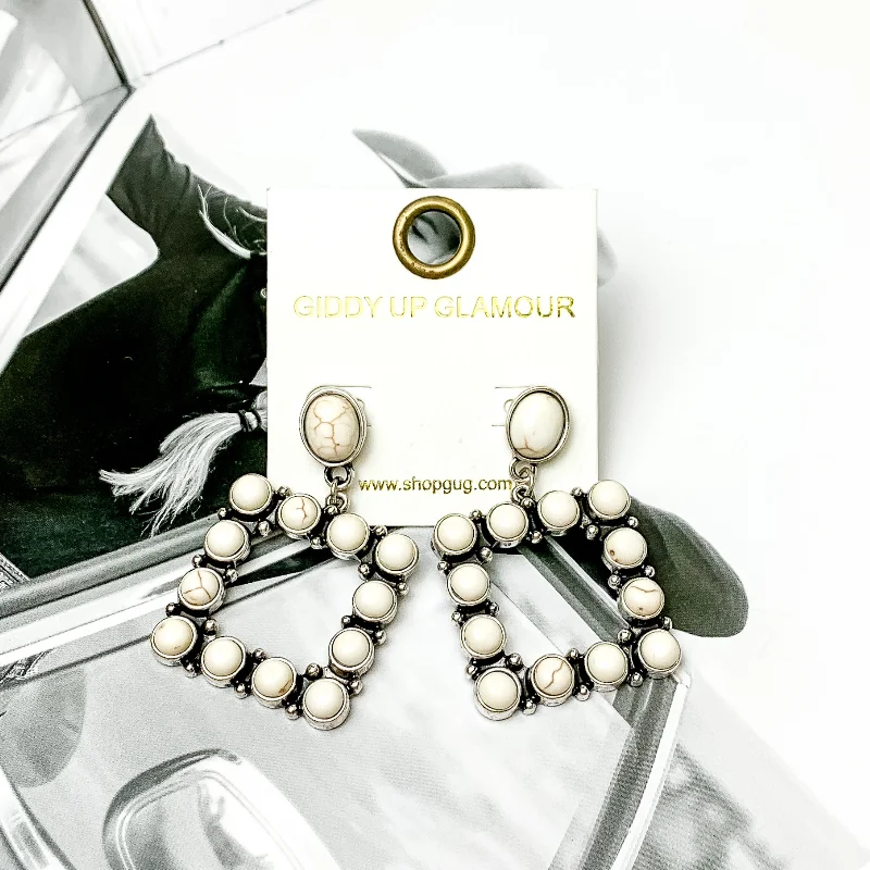 Open Square Drop Earrings with Ivory Stones in Silver Tone