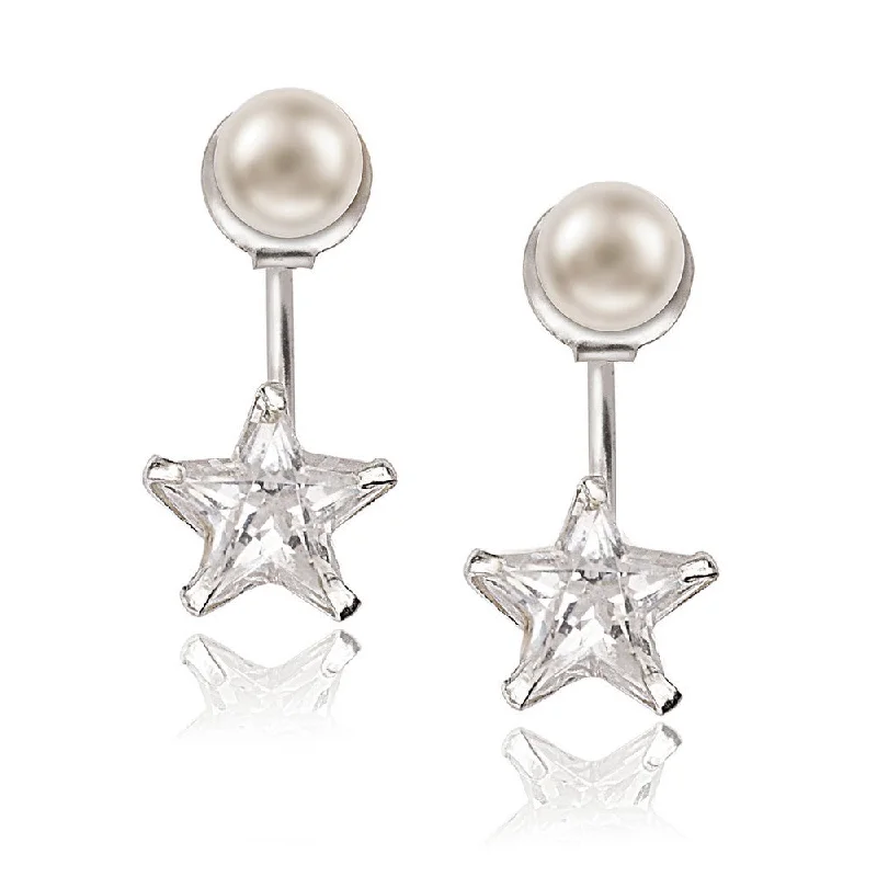 Geometric Hoop Earrings-Sterling Silver 5mm Pearl Front with 9mm Star Shaped CZ Back Earrings