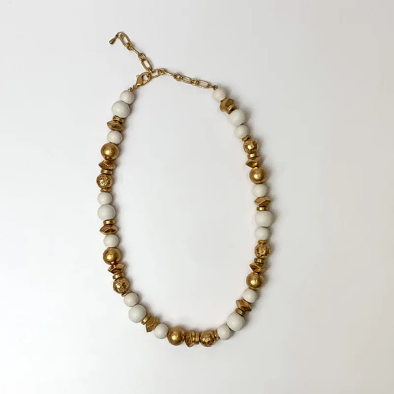 Texture Beaded Necklace with Gold Tone Spacers in White