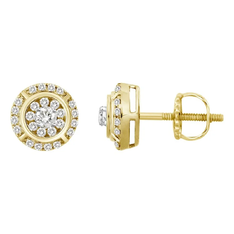 Rose Gold Earrings-MEN'S STUD EARRINGS 1.00CT ROUND DIAMOND 10K YELLOW GOLD