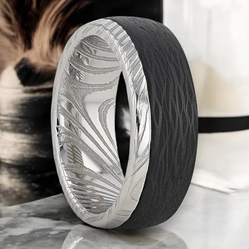 HUDSON | Silver Damascus Steel Ring, Carbon Fiber Inlay