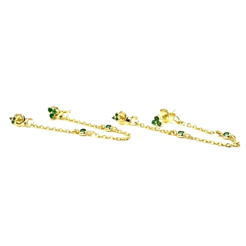 Fun Hoop Earrings-Ashley Gold Sterling Silver Gold Plated Double Post Chain Green CZ Earrings